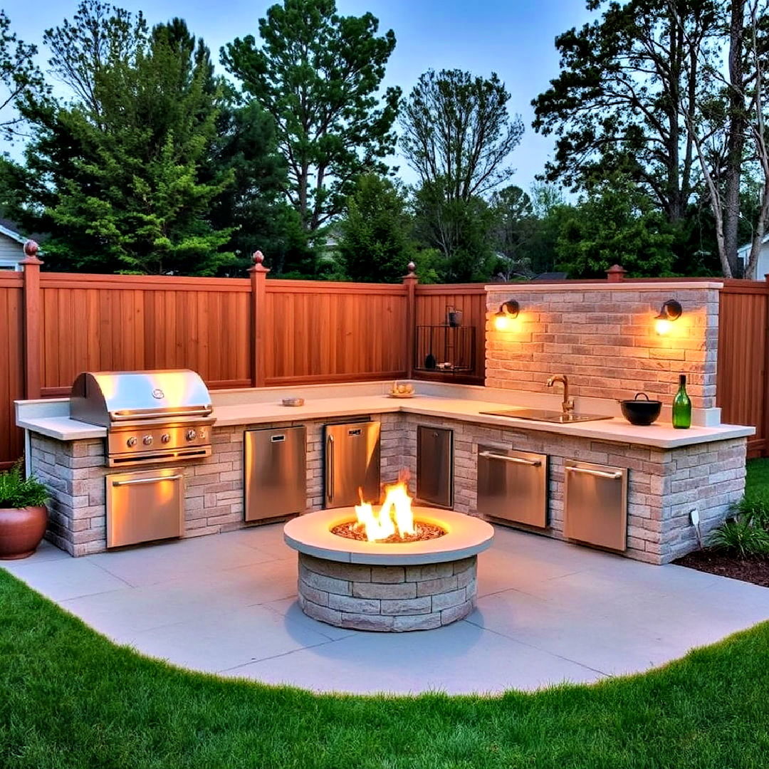 l shaped outdoor kitchen with a fire pit - 20 L Shaped Outdoor Kitchen Ideas