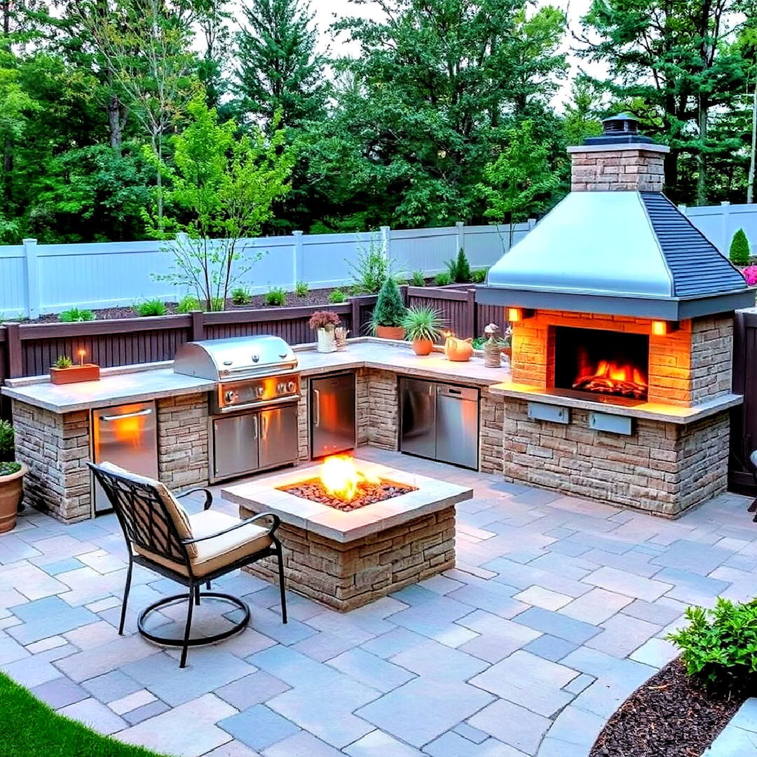 l shaped outdoor kitchen with built in fire pit - 20 L Shaped Outdoor Kitchen Ideas