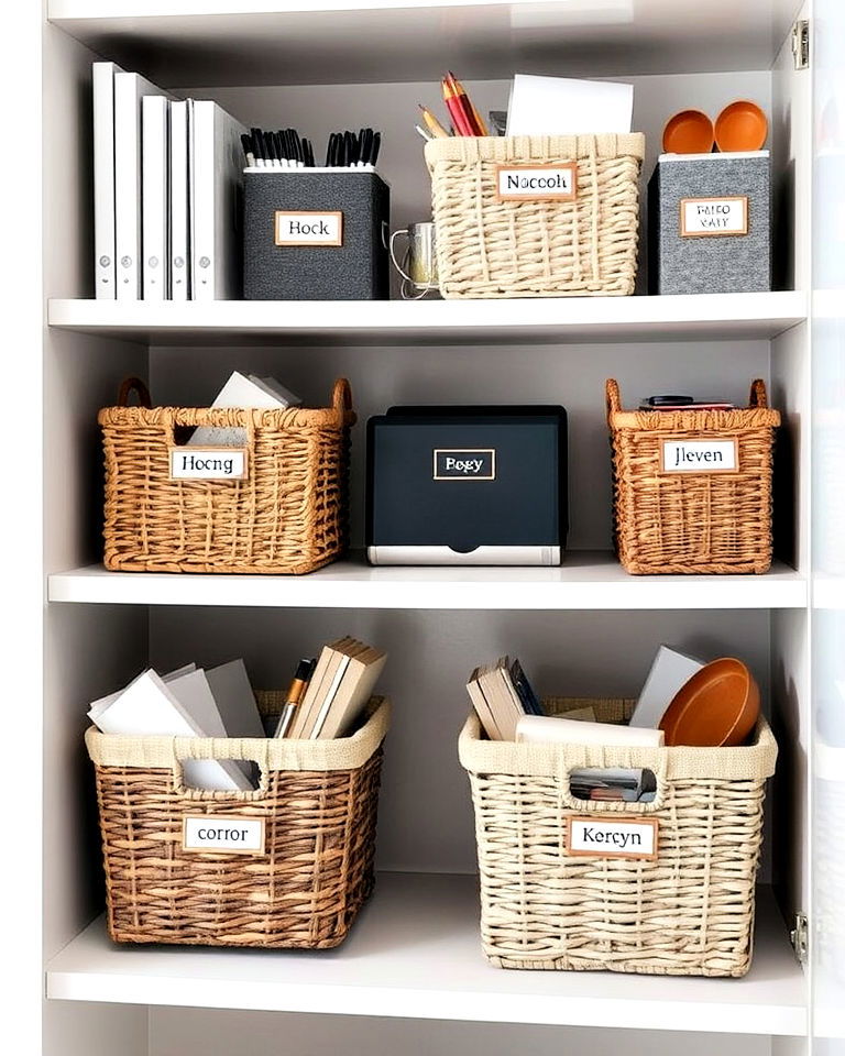 labeled baskets to store office supplies - 20 Office Storage Ideas