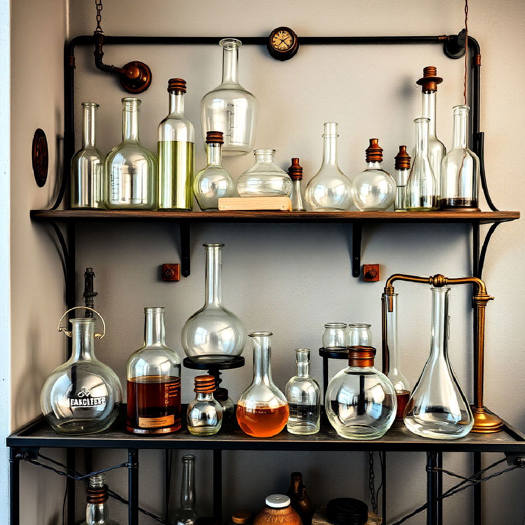 laboratory glassware and metal accents - 25 Steampunk Interior Design Ideas