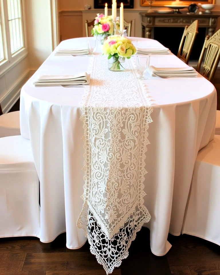 lace table runner to add romantic touch - 30 Wedding Table Decoration Ideas