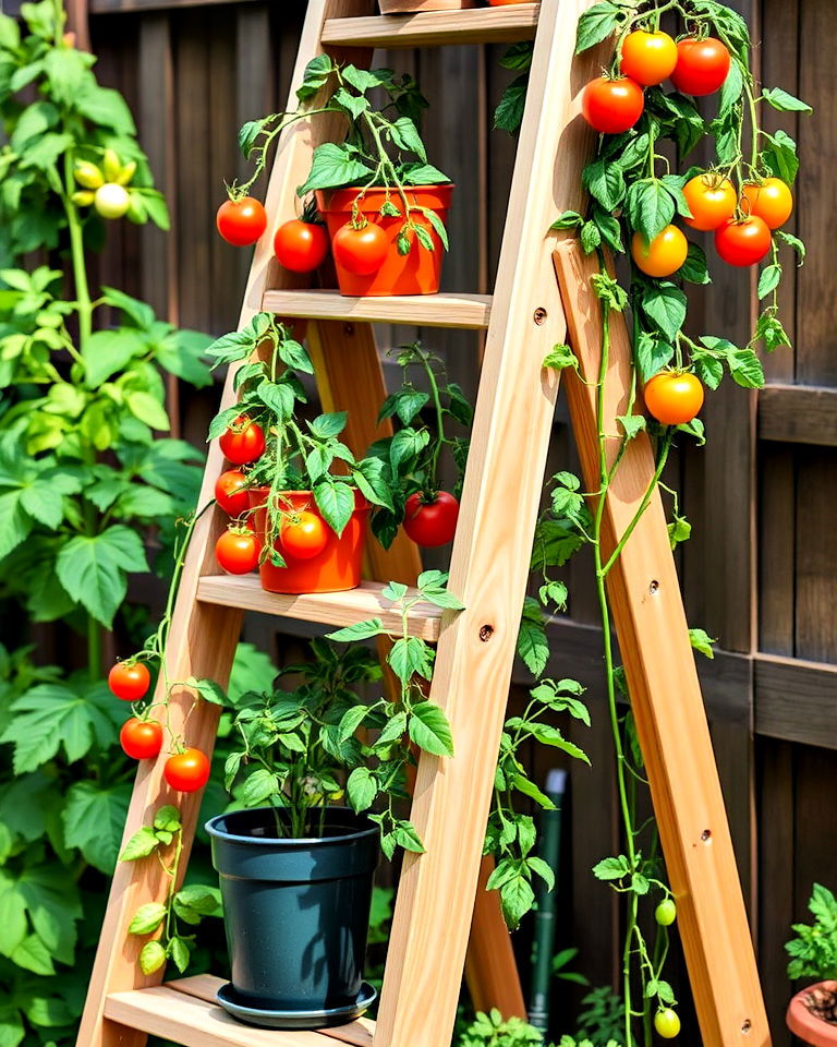 ladder shelf trellis for limited garden space - 30 Tomato Trellis Ideas
