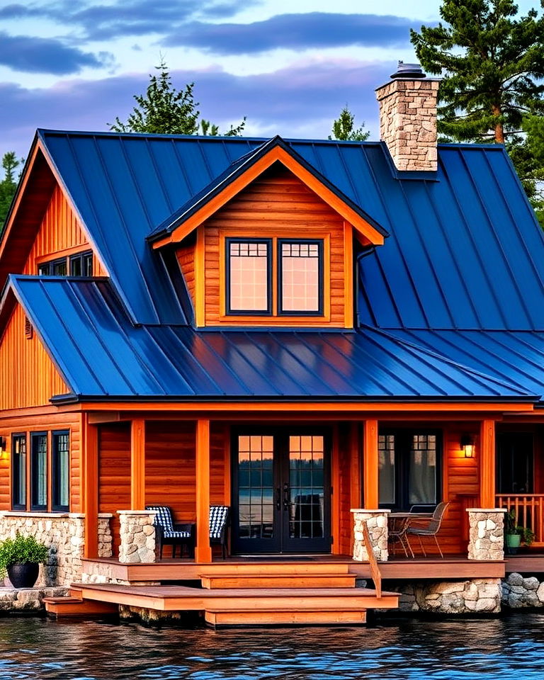 lakehouse with indigo blue metal roof - 25 Houses With Blue Metal Roofs