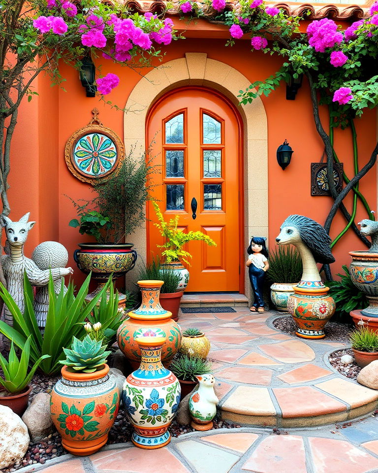 landscape with colorful ceramic garden ornaments - 20 Front Yard Spanish Style Landscaping Ideas