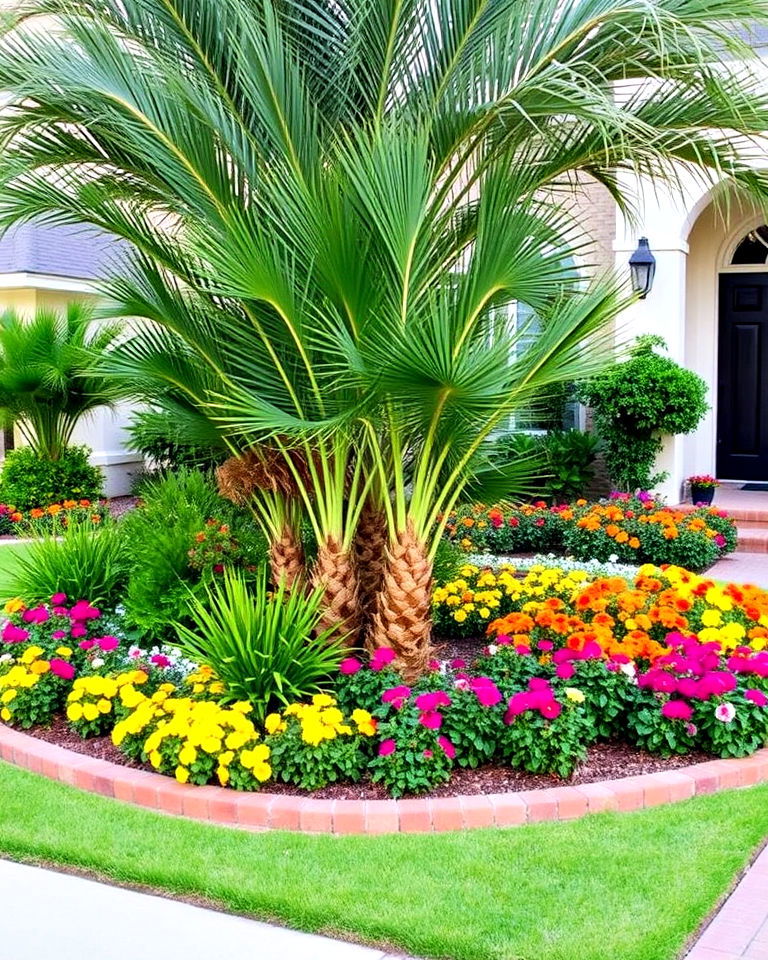 landscape with mixed palm and flower beds - 30 Front Yard Palm Tree Landscape Design Ideas