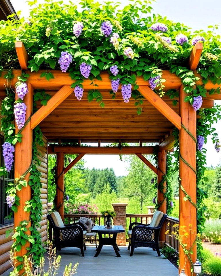 landscape with pergola and climbing vines - 25 Log Cabin Landscaping Ideas