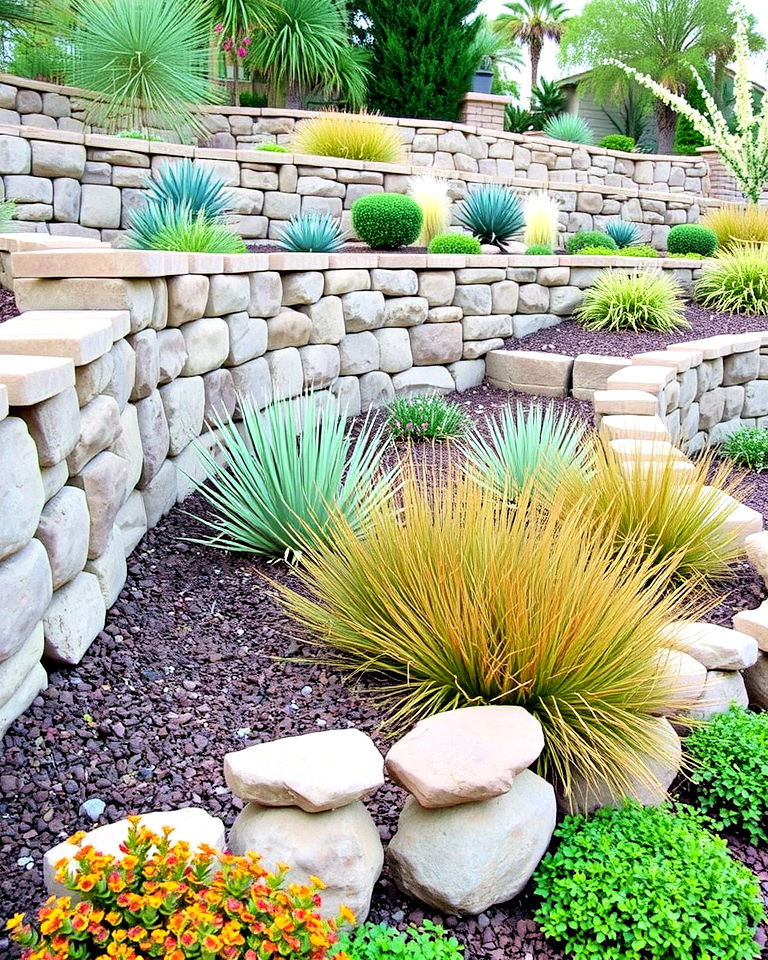 landscape with stone retaining walls - 30 Drought Tolerant Landscaping Ideas