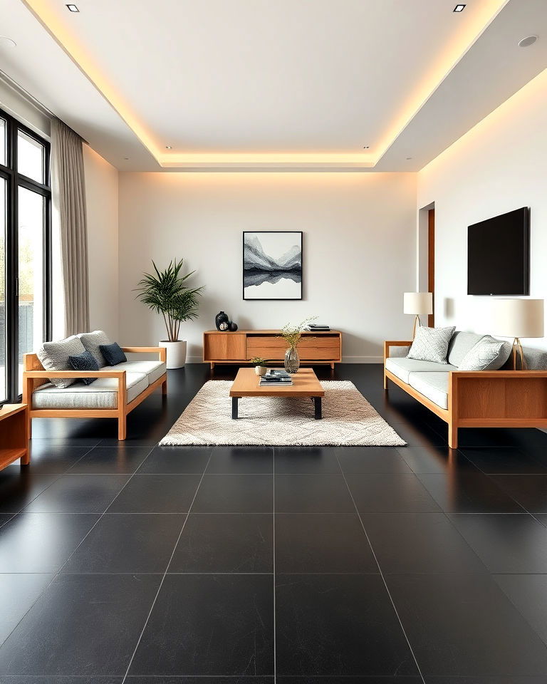 large format black matte tiles floor - 25 Black Floor Living Room Ideas