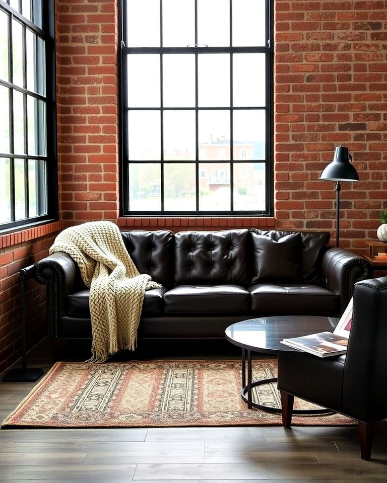 large industrial window and leather sofa - 20 Couch in Front of Window Ideas