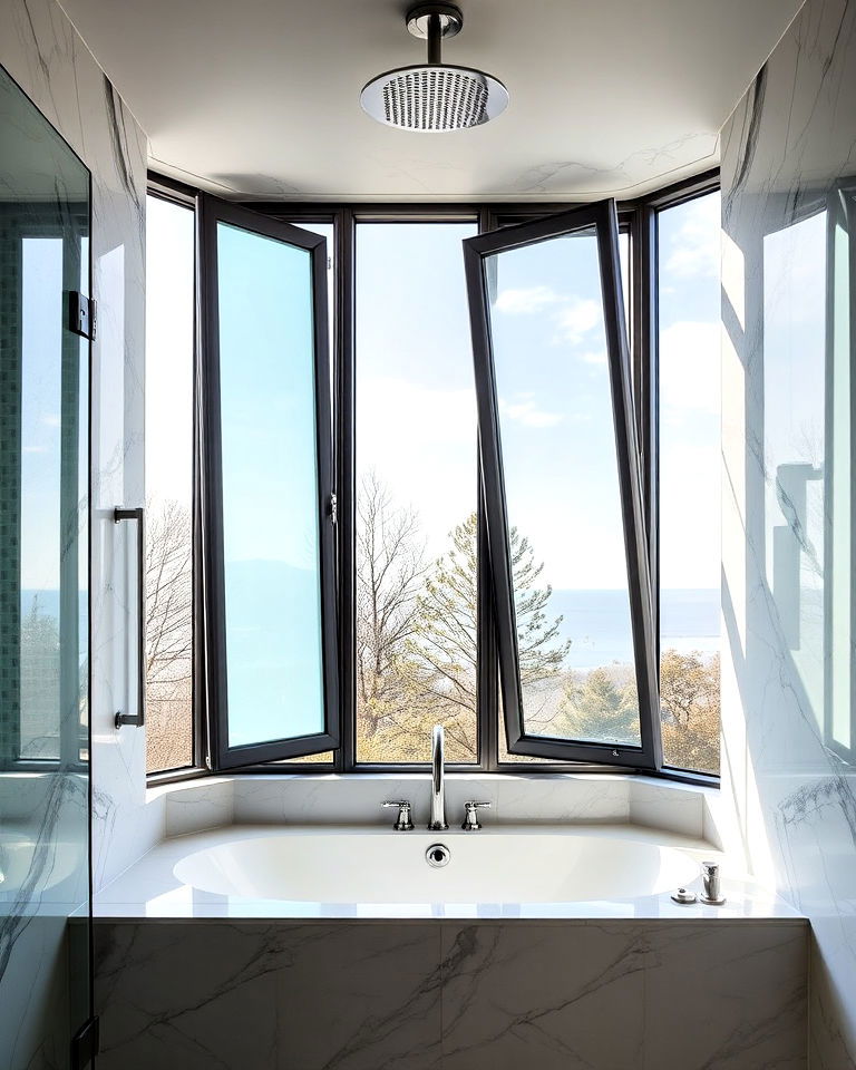 large pivoting shower window - 30 Shower Window Ideas