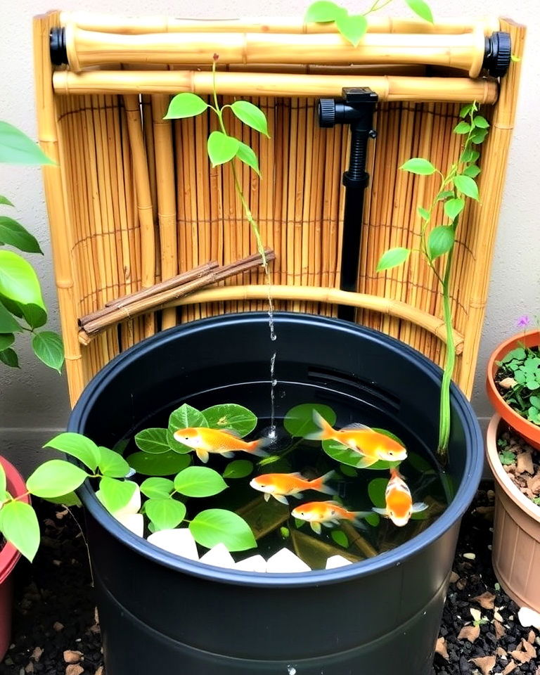 large plastic barrel as fish pond - 15 Container Fish Pond Ideas