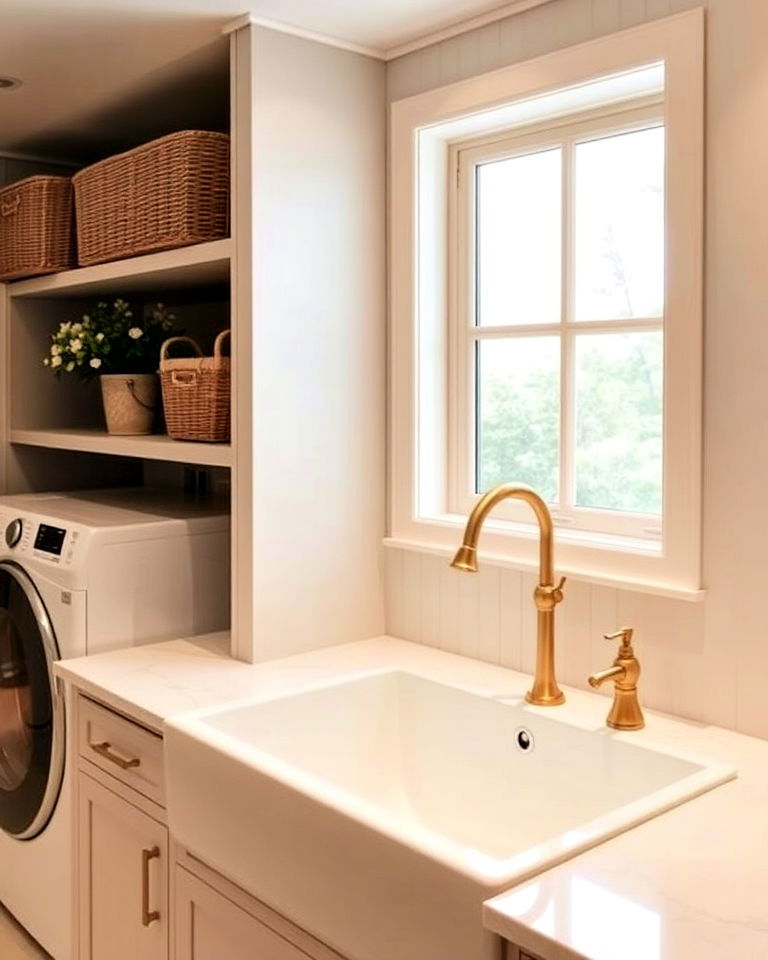 large sink with gold fixtures - 30 Luxury Modern Laundry Room Ideas