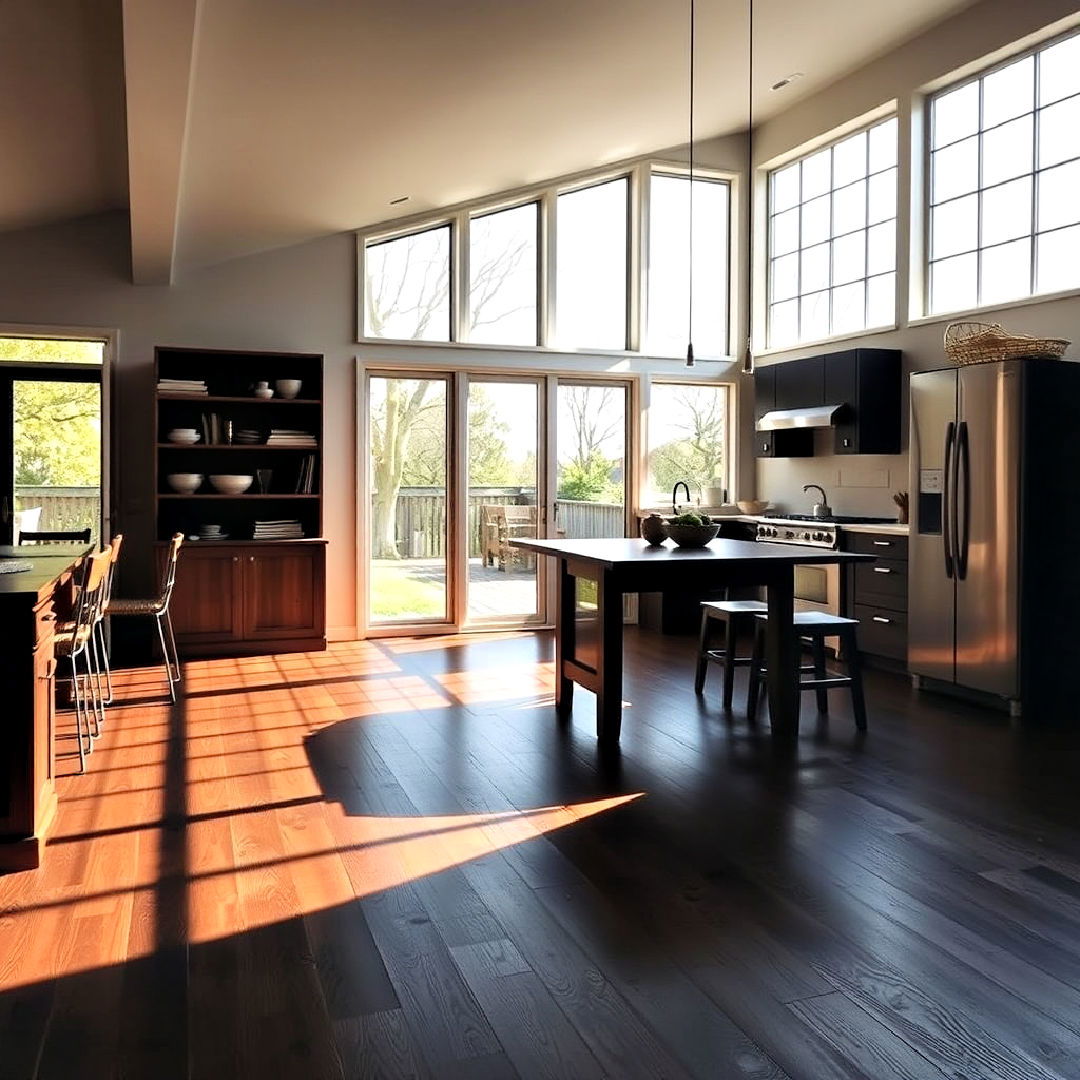 large windows for ample natural light - 25 Kitchen With Dark Wood Floors