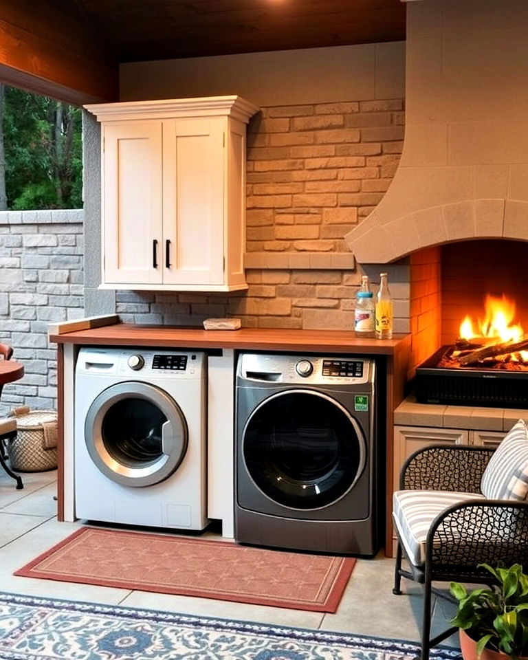 laundry area near outdoor fireplace - 30 Outdoor Laundry Room Ideas