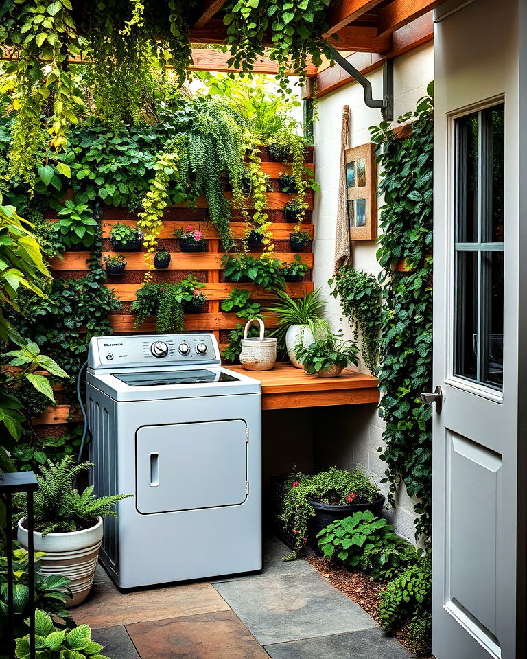 laundry area surrounded by lush greenery - 30 Outdoor Laundry Room Ideas