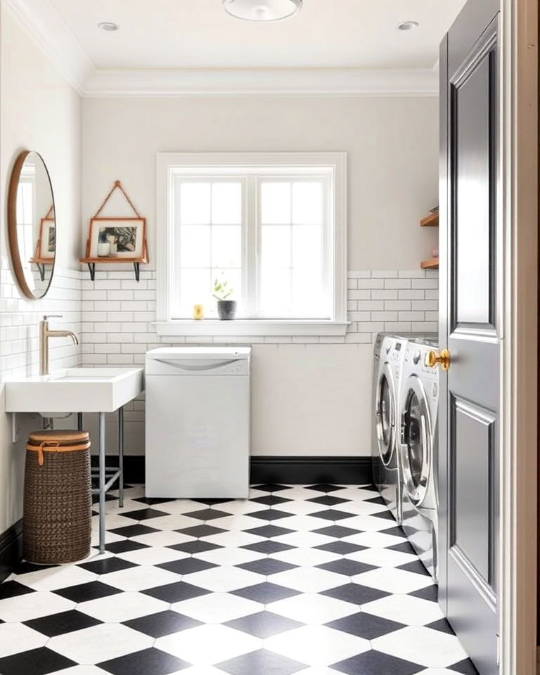 laundry room with black and white floor tiles - 15 Black and White Laundry Room Ideas