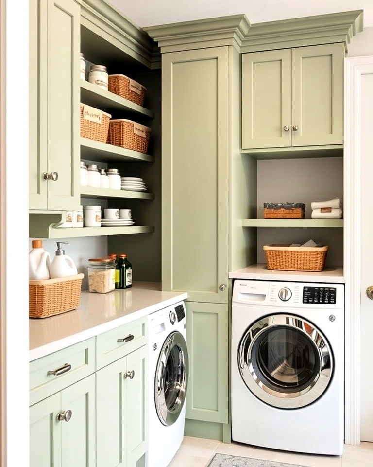 laundry room with built in sage green storage - 15 Sage Green Laundry Room Ideas