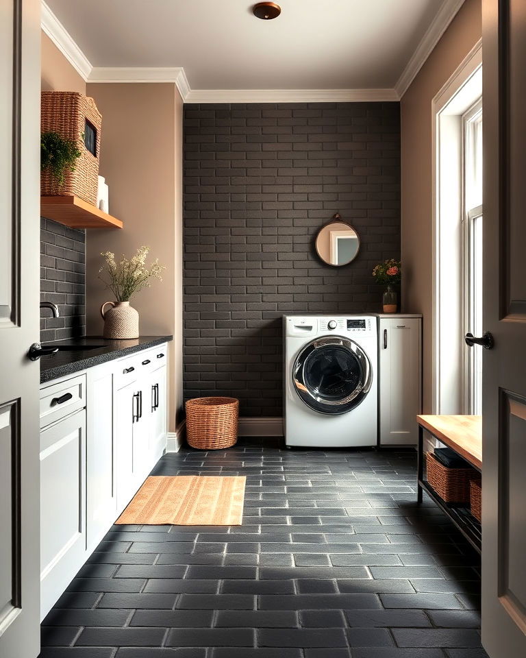 laundry room with dark brick flooring - 15 Brick Floor Laundry Room Ideas
