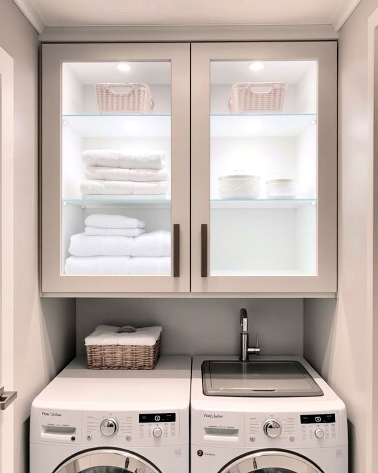 laundry room with glass cabinet door - 30 Luxury Modern Laundry Room Ideas