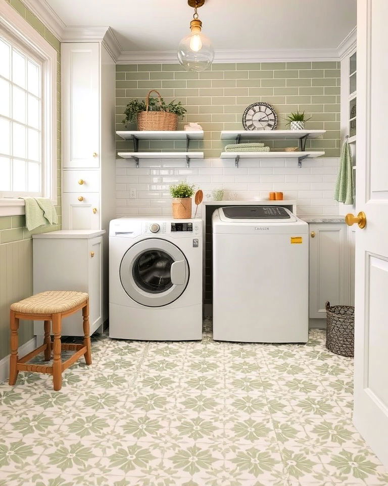 laundry room with sage green and white tiled floors - 15 Sage Green Laundry Room Ideas