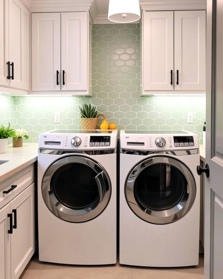 laundry room with sage green backsplash - 15 Sage Green Laundry Room Ideas
