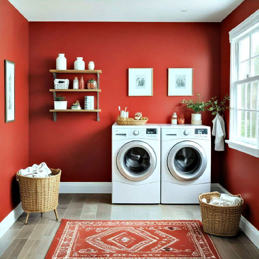 laundry room with vibrant red paint - 25 Laundry Room Paint Ideas