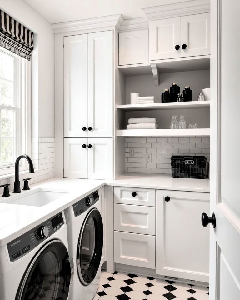 laundry room with white cabinets and black hardware - 15 Black and White Laundry Room Ideas