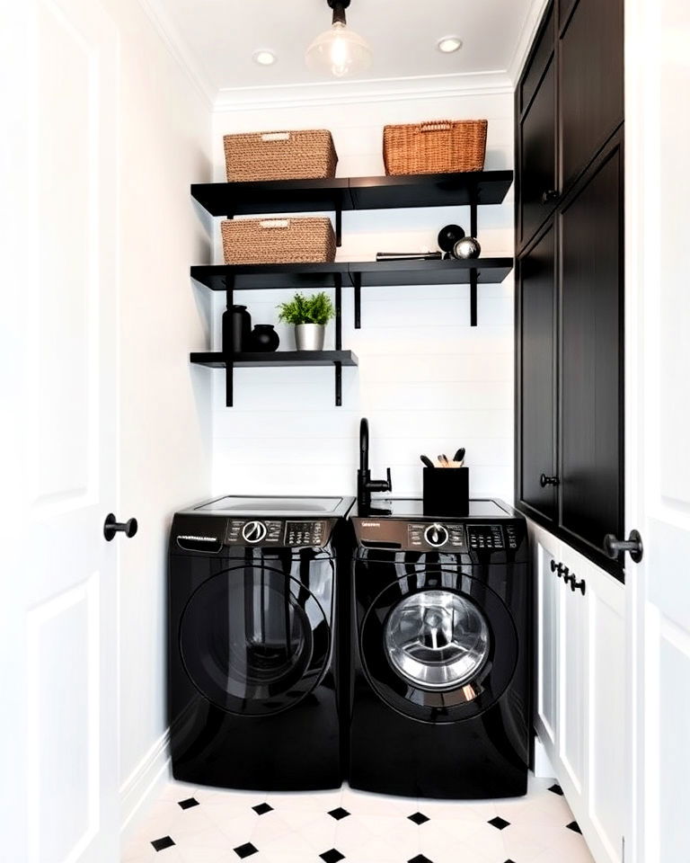 laundry room with white walls and black accents - 15 Black and White Laundry Room Ideas
