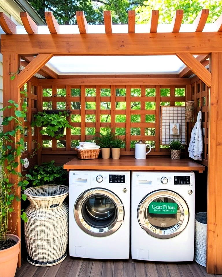 laundry space framed by wooden lattice - 30 Outdoor Laundry Room Ideas