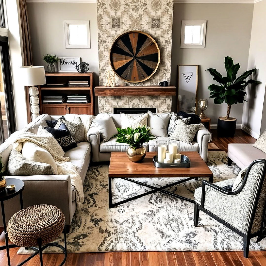 layer different textures to add depth - 40 Transitional Living Room Ideas
