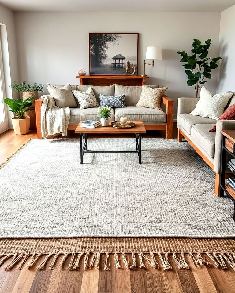 layered area rugs to add depth - 30 Rustic Scandinavian Living Room Ideas