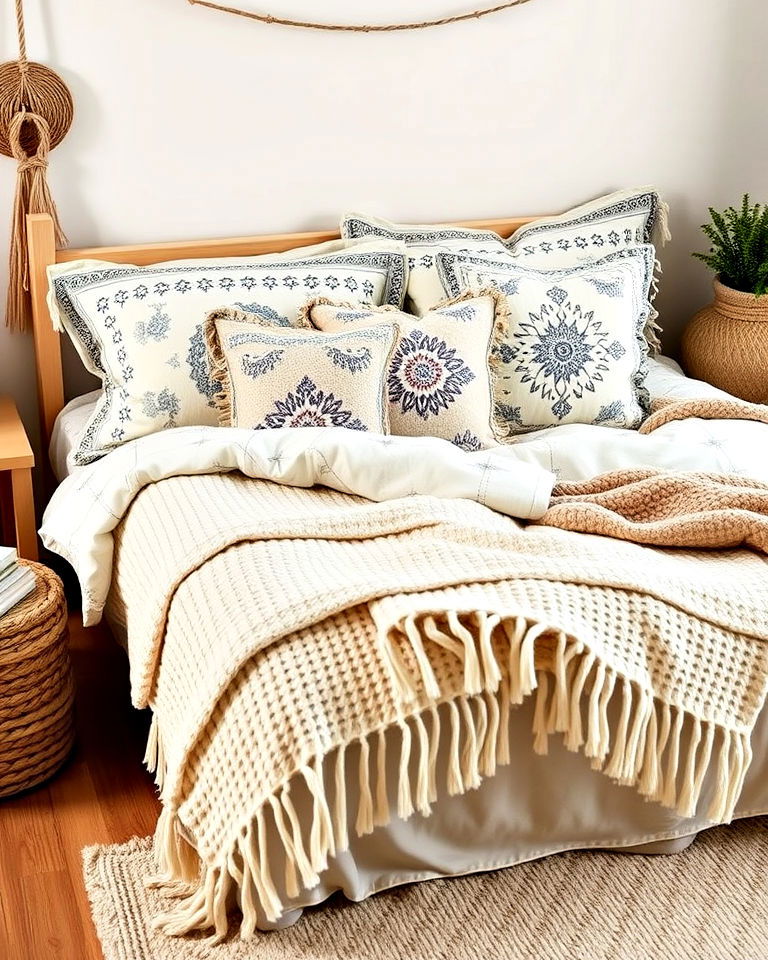 layered bedding with soft textures - 20 Boho Toddler Room Ideas