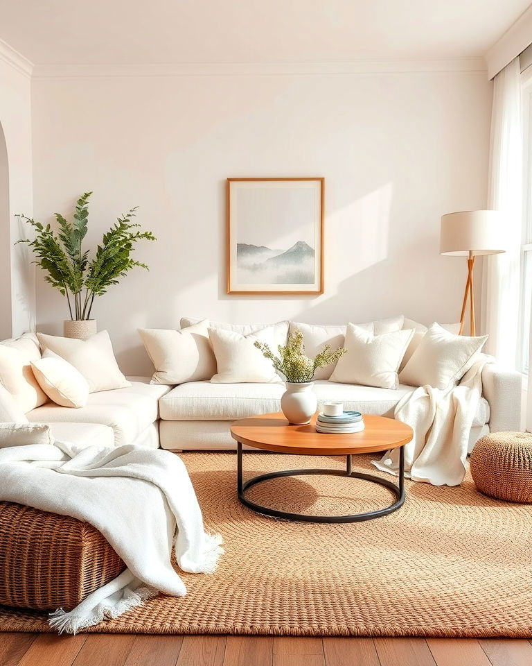 layered beige and white textures - 20 Beige and White Living Room Ideas