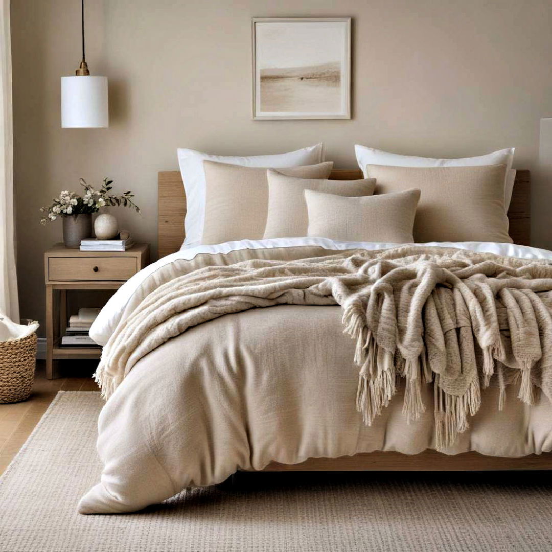 layered beige textures for cozy vibe - 30 Beige Bedroom Ideas