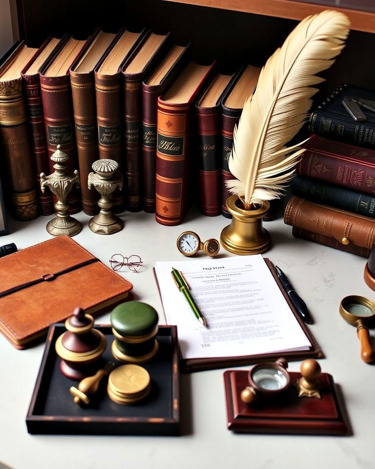 layered desk accessories for home office - 20 Dark Academia Home Office Ideas