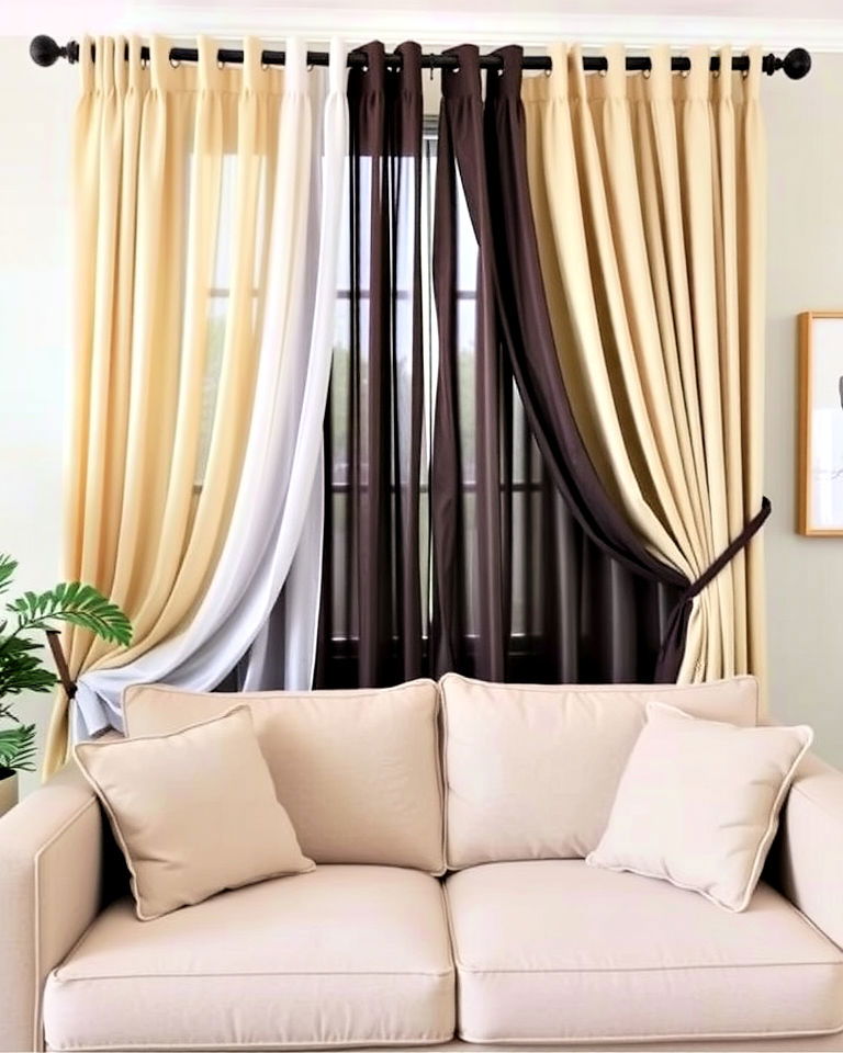 layered drapery and plush couch - 20 Couch in Front of Window Ideas