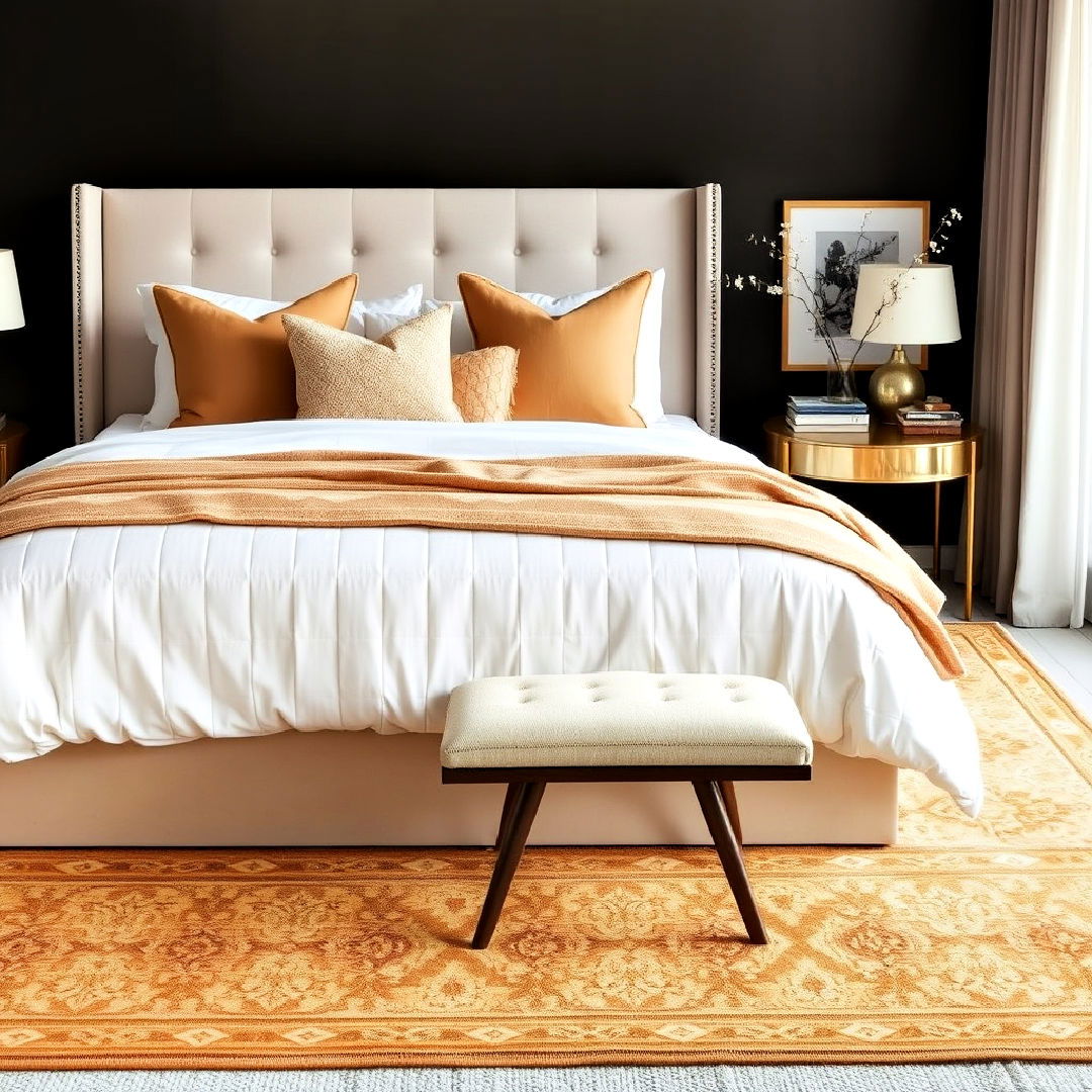 layered gold toned rug - 25 Gold Bedroom Ideas