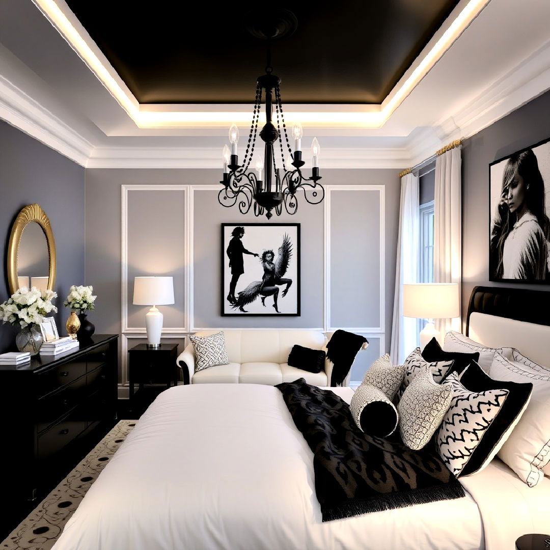 layered lighting for black and white bedroom - 40 Black and White Bedroom Ideas