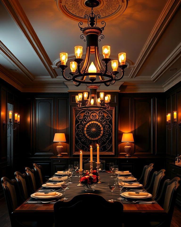 layered lighting for dark academia dining room - 20 Dark Academia Dining Room Ideas