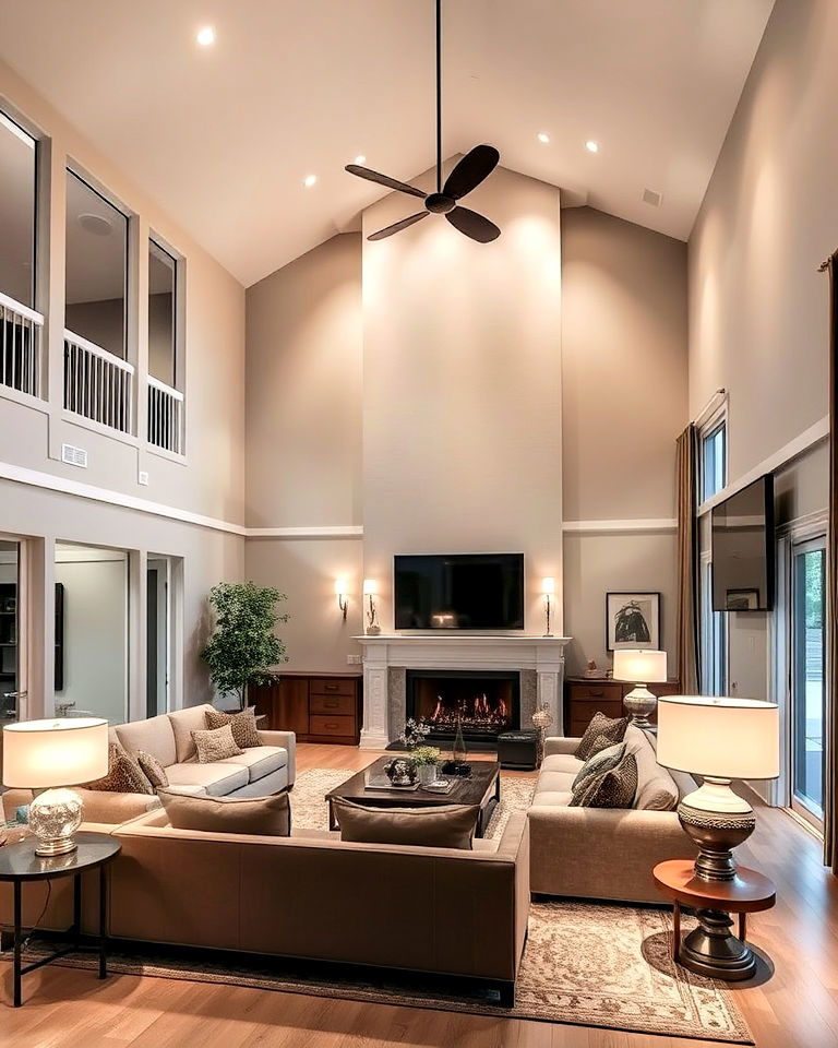 layered lighting for high ceiling living room - 25 High Ceiling Living Room Ideas