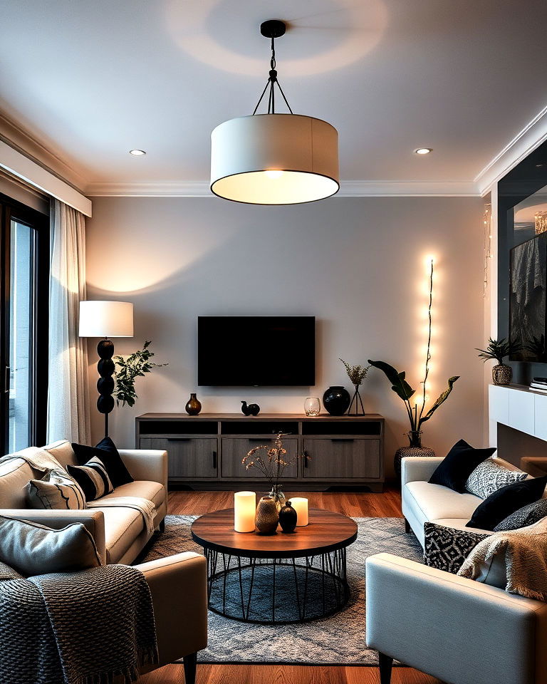 layered lighting in black and white tones - 20 Black and White Boho Living Room Ideas