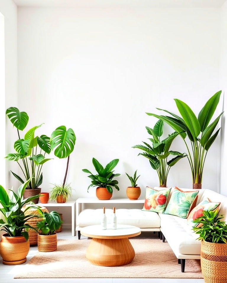 layered lush greenery and white walls - 25 Tropical Living Room Ideas