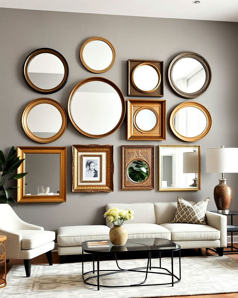 layered mirror display to add depth - 30 Mirror Gallery Wall Ideas