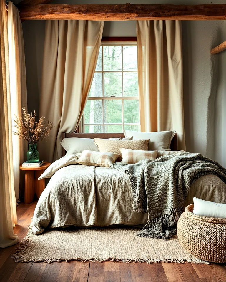 layered natural textiles for cozy look - 20 Forest-Themed Bedroom Ideas