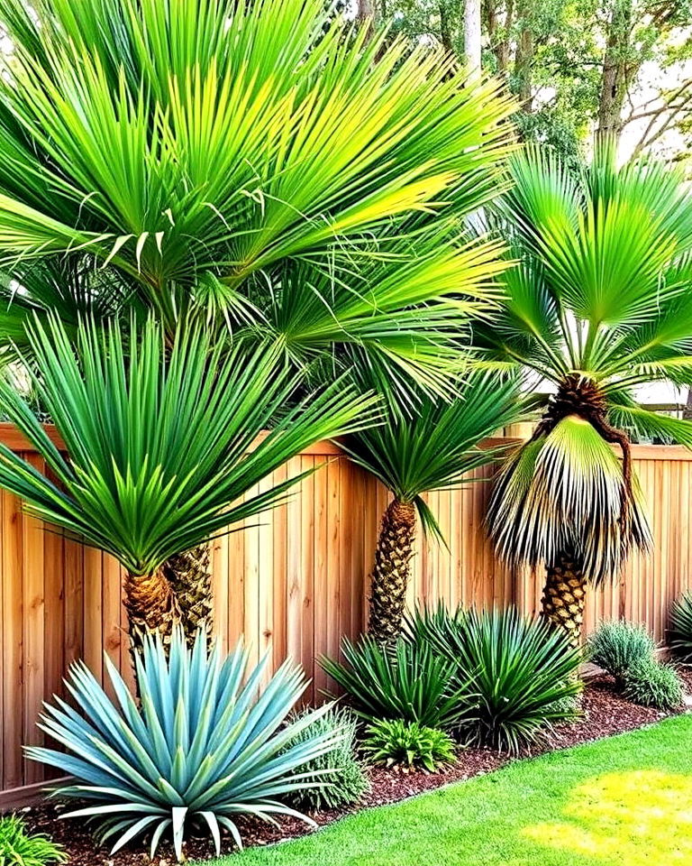 layered palm borders along front yard fence - 30 Front Yard Palm Tree Landscape Design Ideas