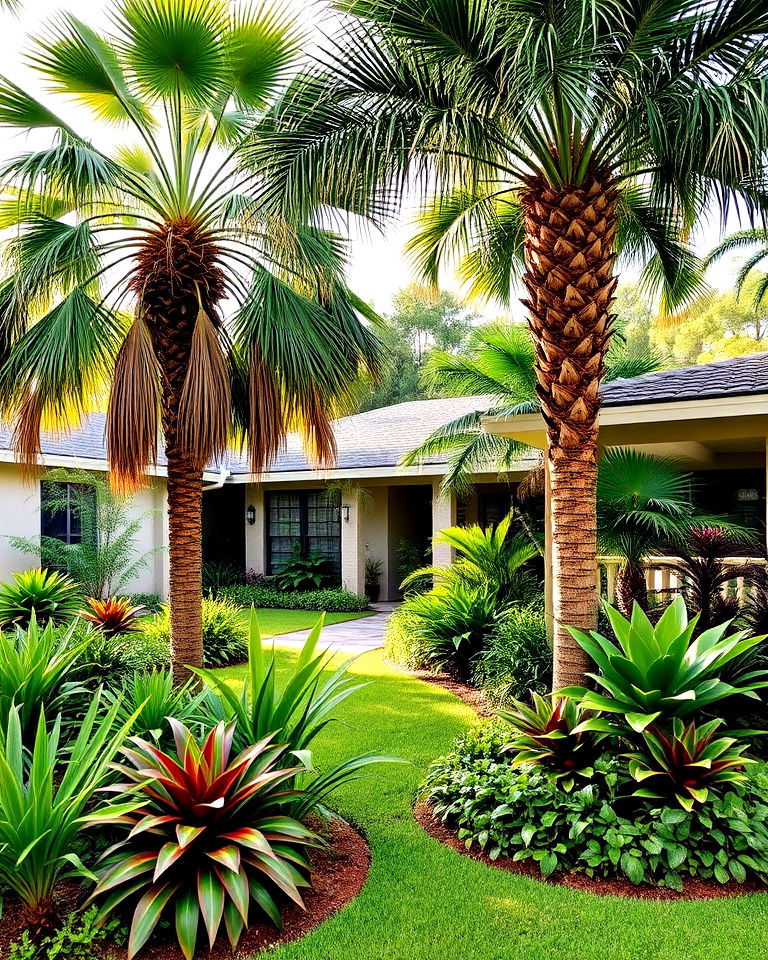 layered palms for a jungle effect - 30 Front Yard Palm Tree Landscape Design Ideas