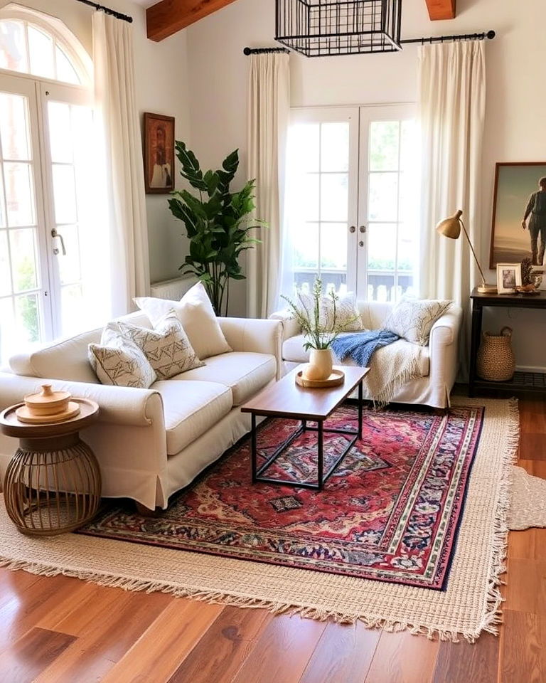 layered rugs for eclectic look - 30 Boho Decor Ideas