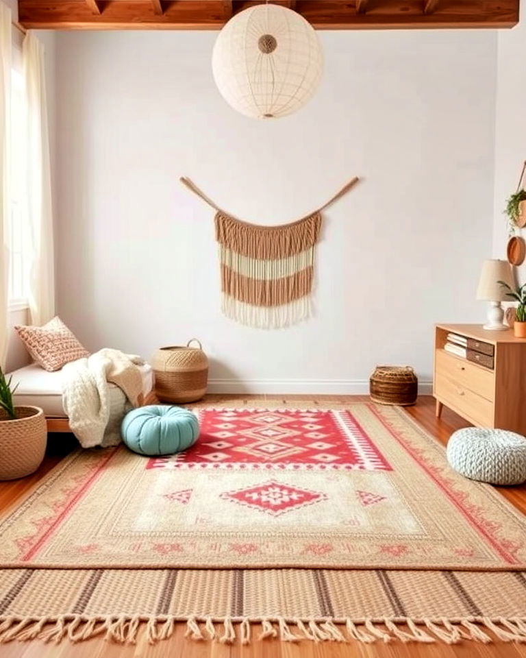 layered rugs to add depth - 20 Boho Toddler Room Ideas