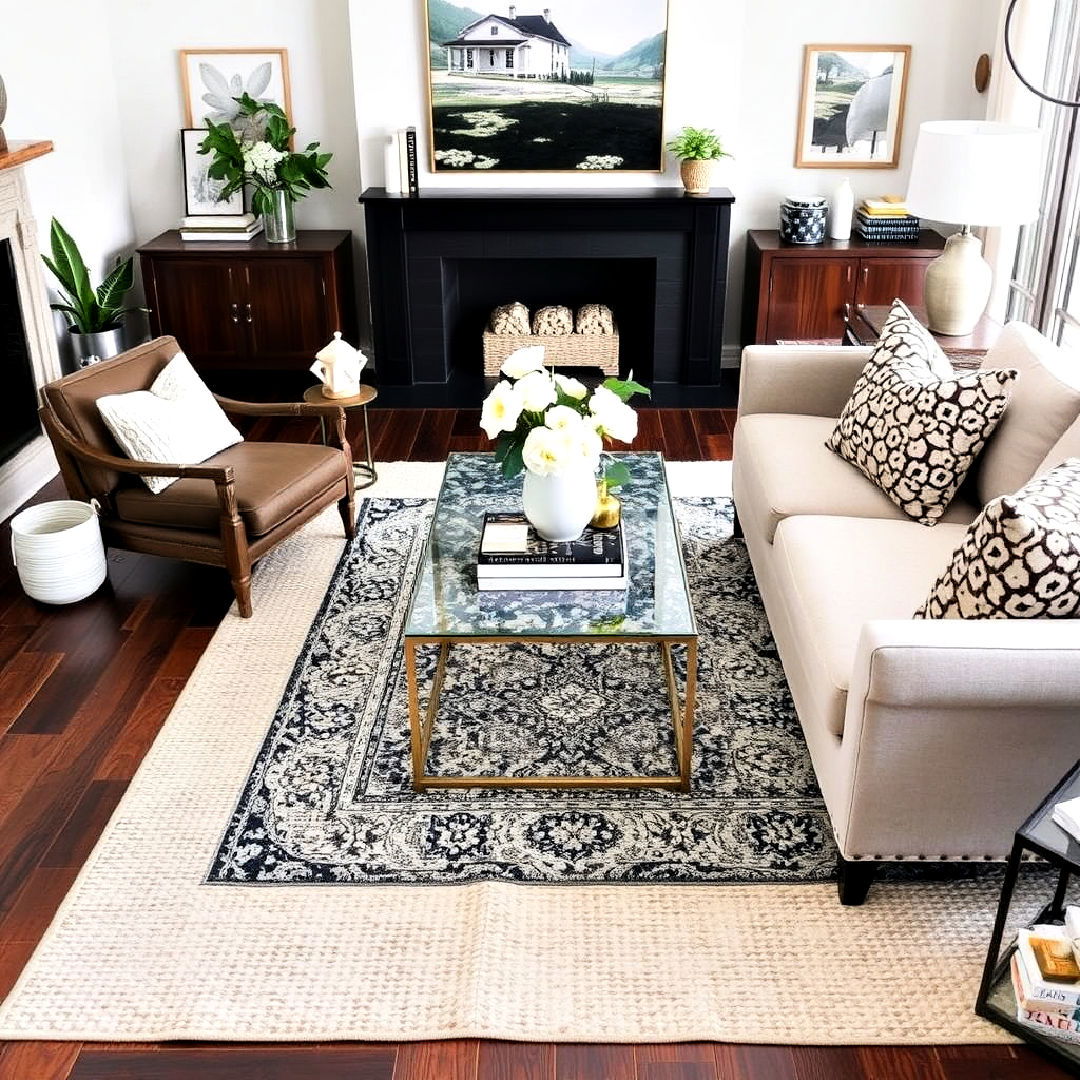 layered rugs to add texture - 40 Transitional Living Room Ideas