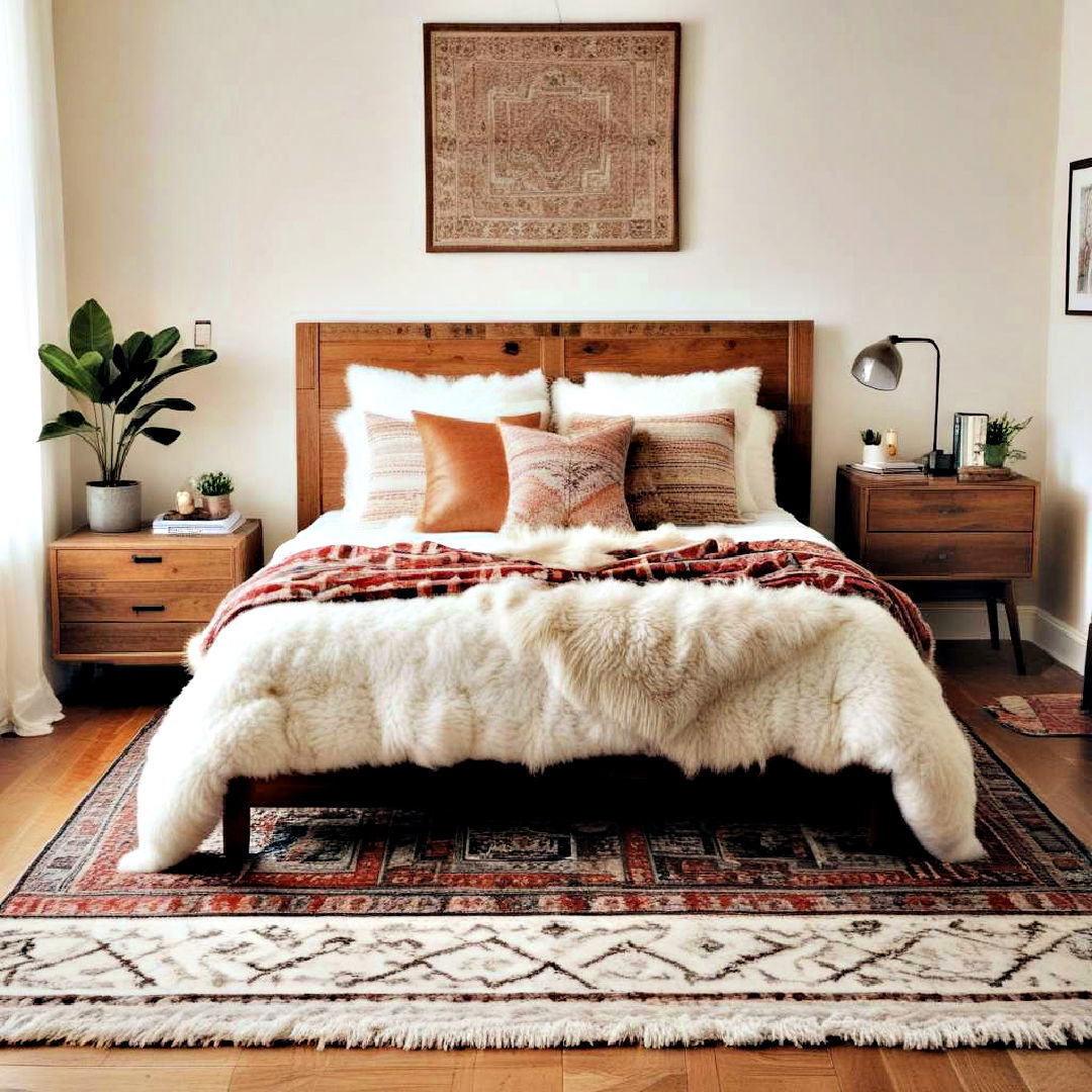 layered rugs to increase warmth underfoot - 40 Cozy Bedroom Ideas